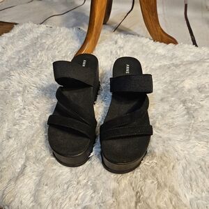 Anne Klein Black Platform Wedge Sandals Strappy Elastic Comfort Shoes‎